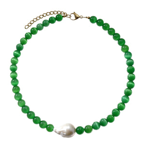 Large Emerald Green Catseye Baroque Pearl Beaded Choker