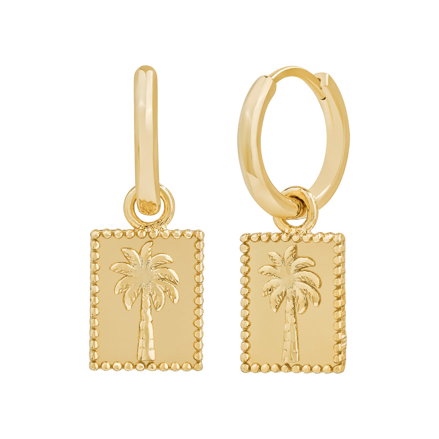 Gold Palm Tree Charm Hoop Earrings