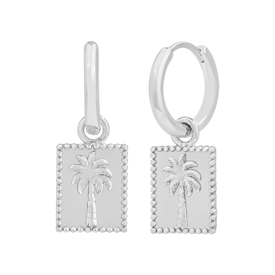 Silver Palm Tree Charm Hoop Earrings